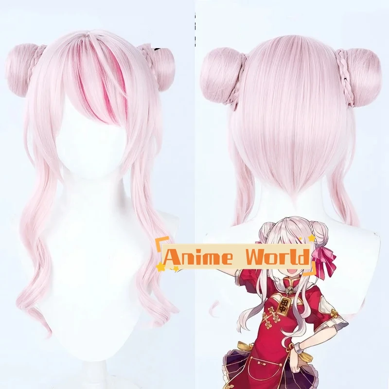 Virtual YouTuber Tanaka Hime Cosplay Wig Braided Buns HimeHina Channel Virtual Youtuber Headwear Pink Long Curly Side Bangs Girl