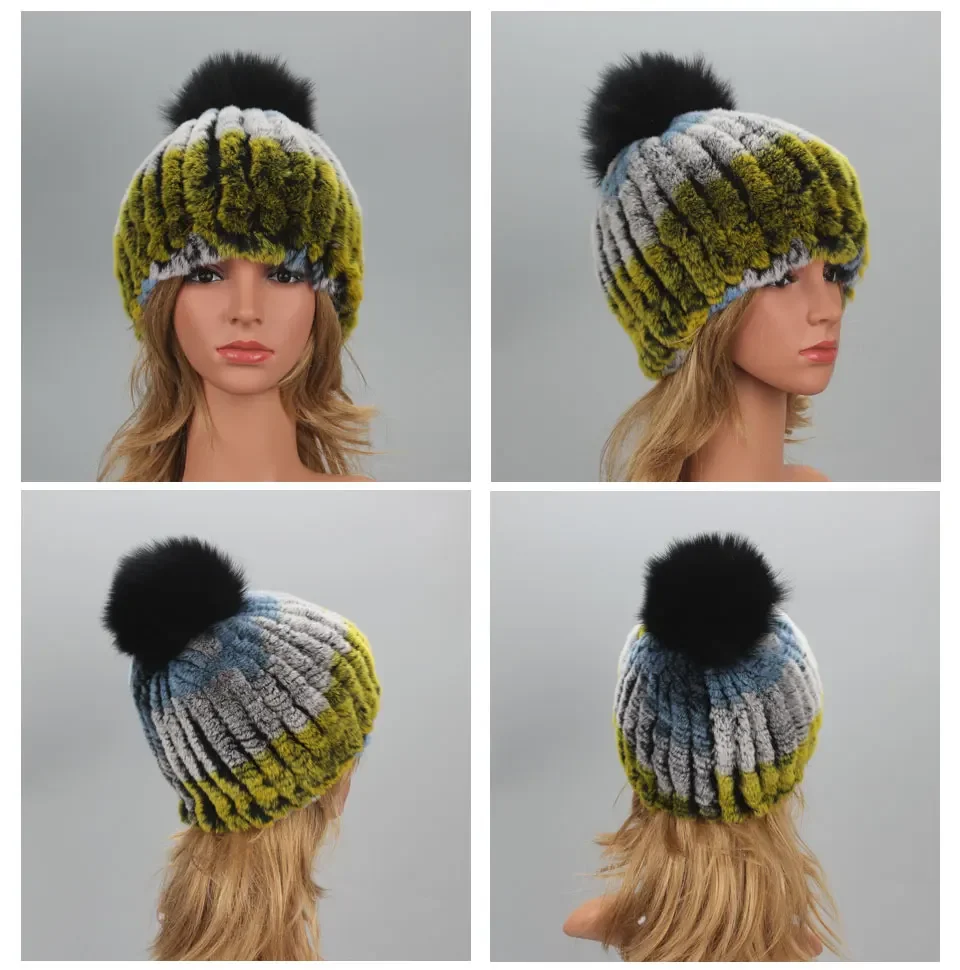 Wintermützen für Damen Elastische Gestrickte Echte Rex-Kaninchenfell-Mütze Beanies mit Fuchsfell-Bommel Echte Fellmütze Großhandel Bonnets – Detail 6