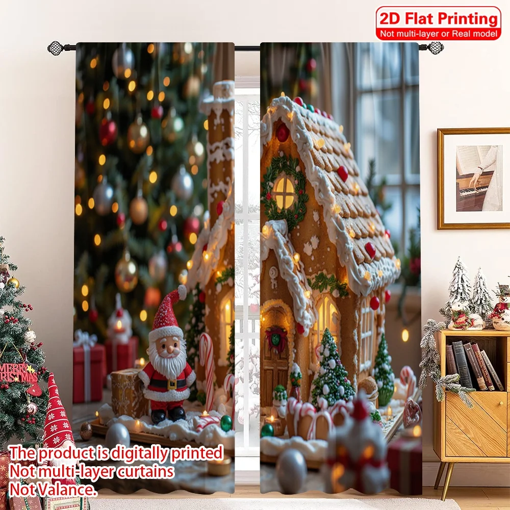 

2pcs 2D flat printing Christmas Drapes Christmas Gingerbread House Santa Claus Polyester Without Electricity Family Party