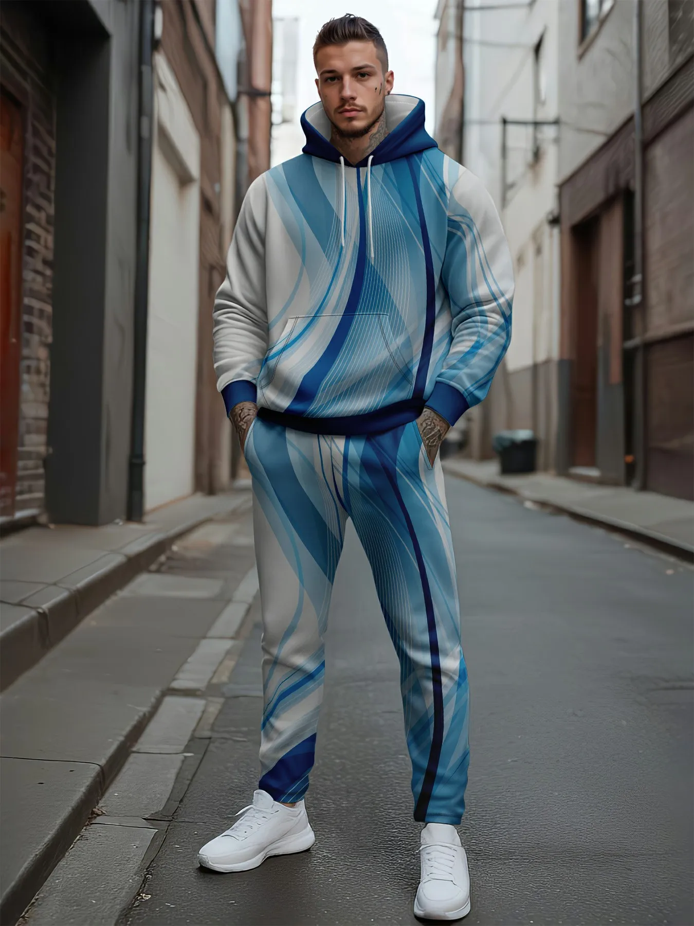 طقم بدلة رياضية بغطاء للرأس للرجال بطباعة ثلاثية الأبعاد، سويت شيرت كاجوال فضفاض من الصوف الدافئ #5