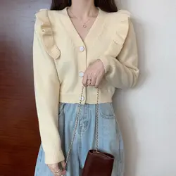 Vintage Casual Krótki Dzianinowy Kardigan Slim Odzież Damska Długi Rękaw Jesień Zima Moda Ruffles Podstawowe Swetry Jednolity Kolor