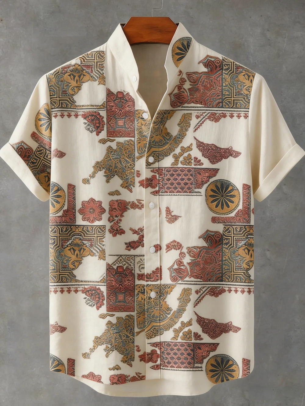 Unisex Camp Collar Short Sleeve Shirt Vintage Oriental Floral Geometric Patchwork Print Loose Beach Button Casual Tops