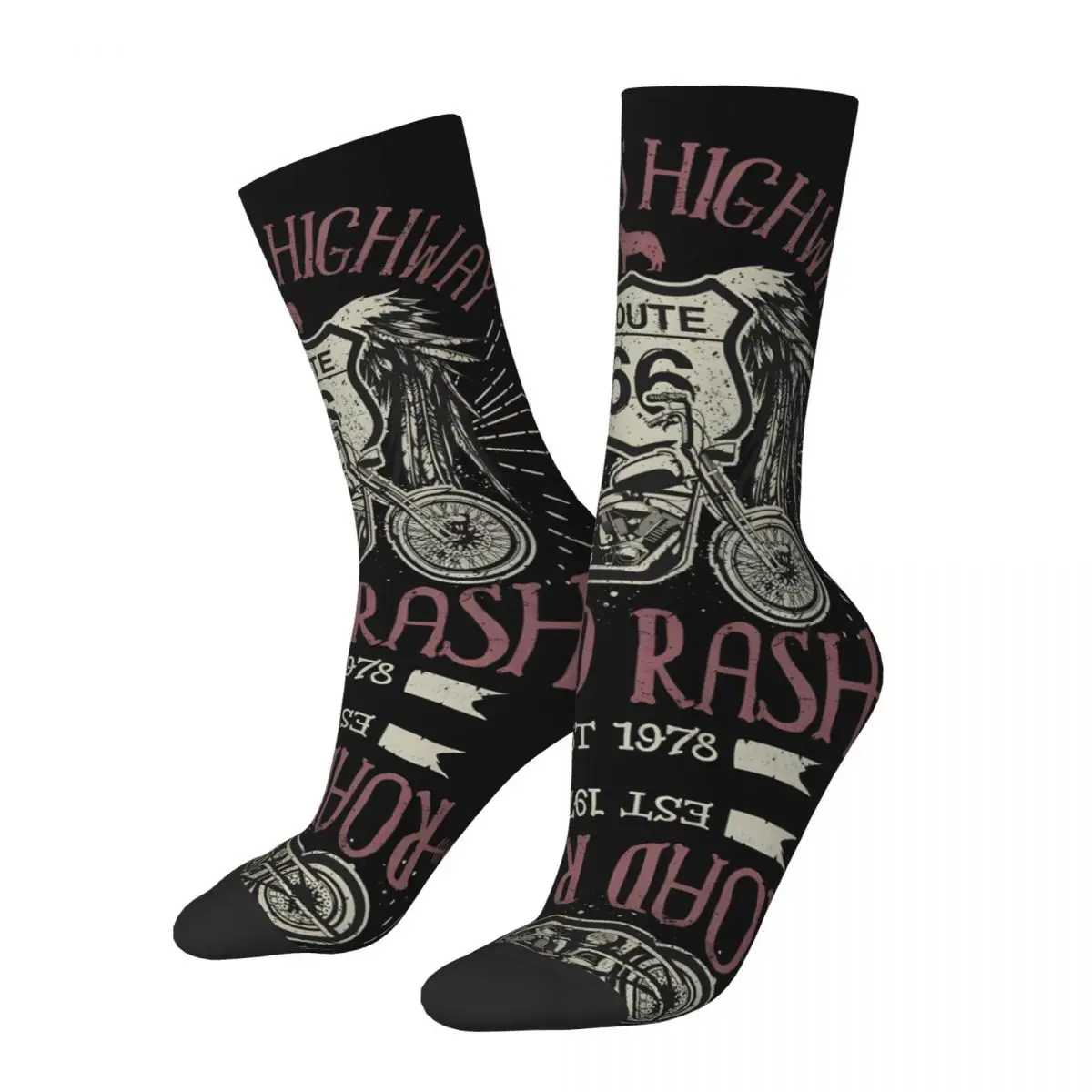 

America's Highway Road Rash Men's Socks Vintage Harajuku Route 66 Street Style Novelty Seamless Crew Sock