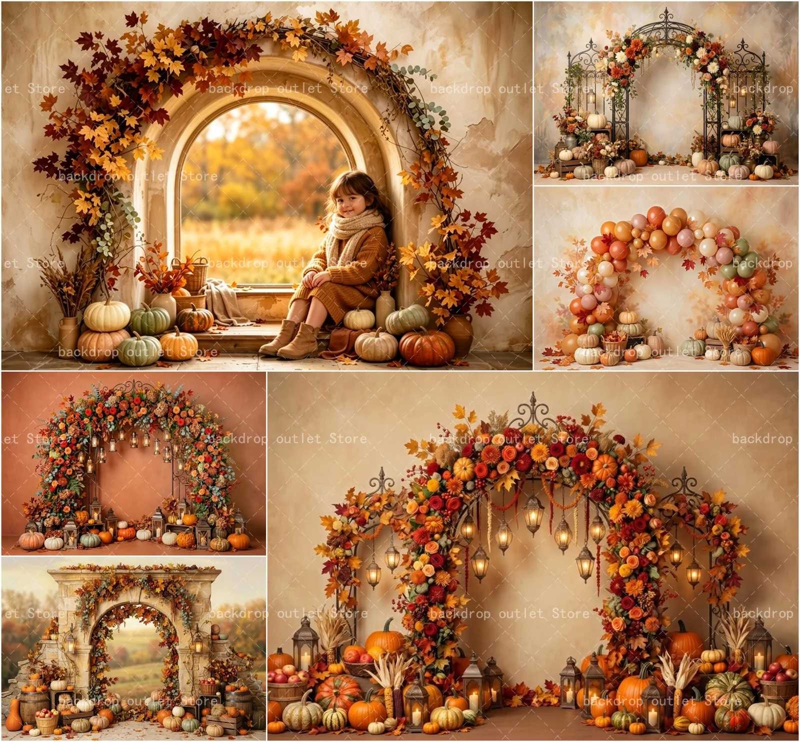 Mehofond Autumn Arch Door Photography Background Pumpkin Harvest Fallen Leaves Flower Decor Kid's Birthday Family Portrait Photo