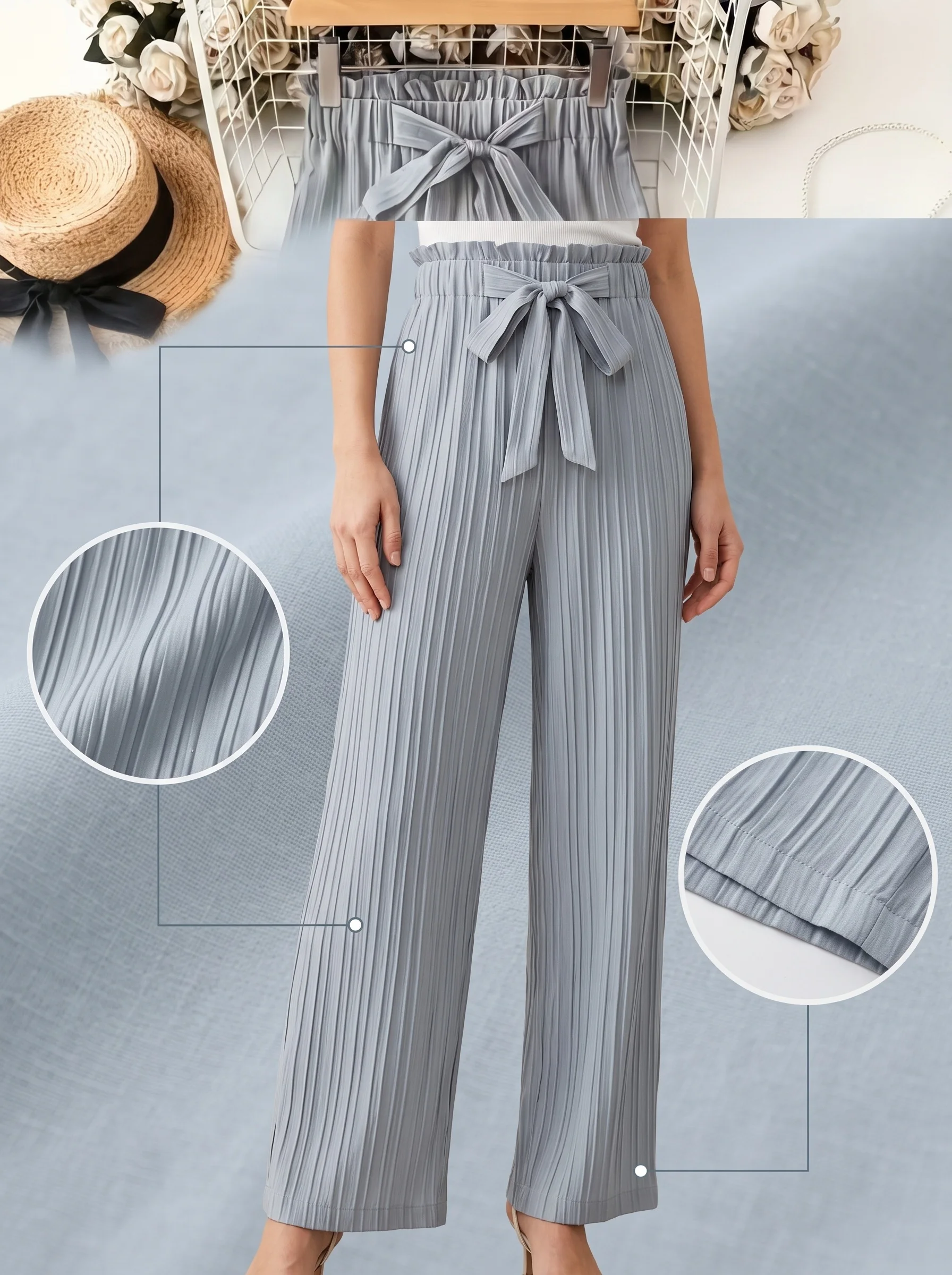 Staubblau Plissierte Hose mit Bindegürtel, Weites Bein, Hohe Taille mit Rüschenbesatz, Lässige Drapierte Hose – Detail 3