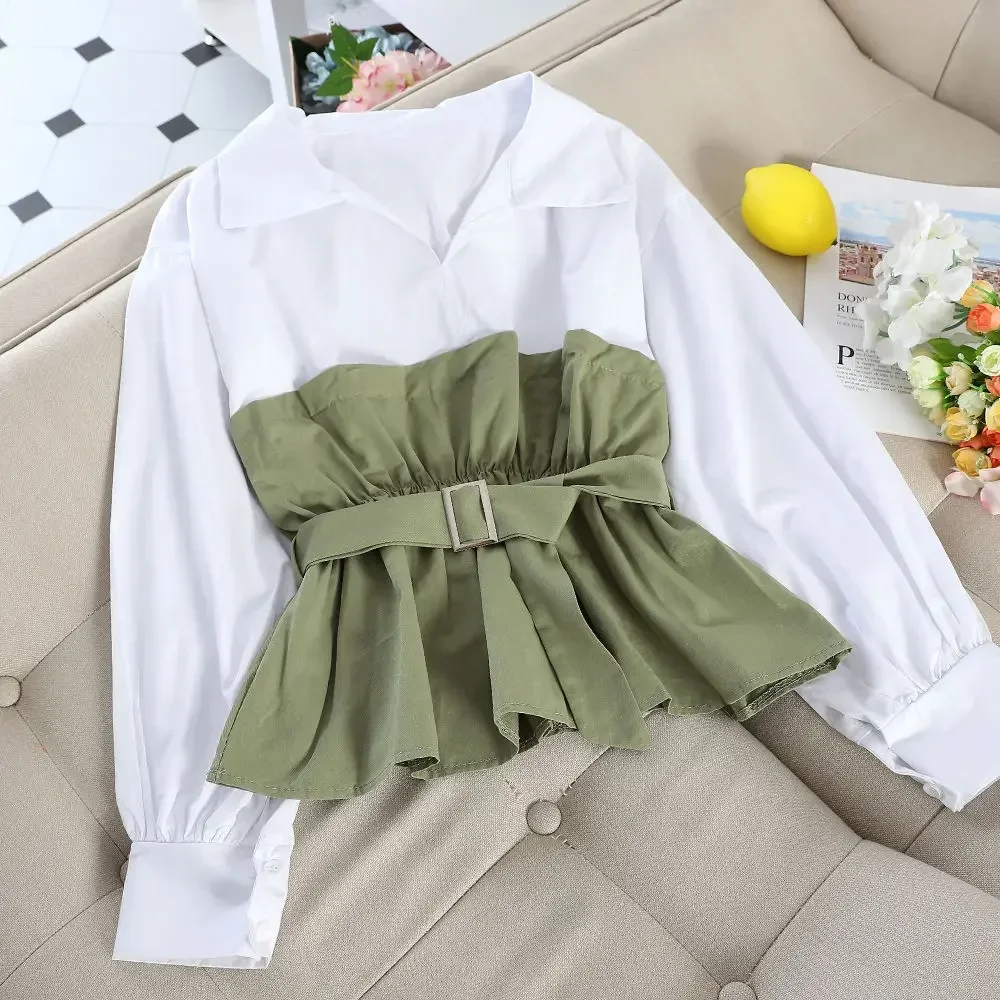 Woherb Korean Fashion Blouse Women Patckwork Fake Two-Piece Shirt Tops 2024 Summer Female Elegant Ruffle Blusas Belt Shirts