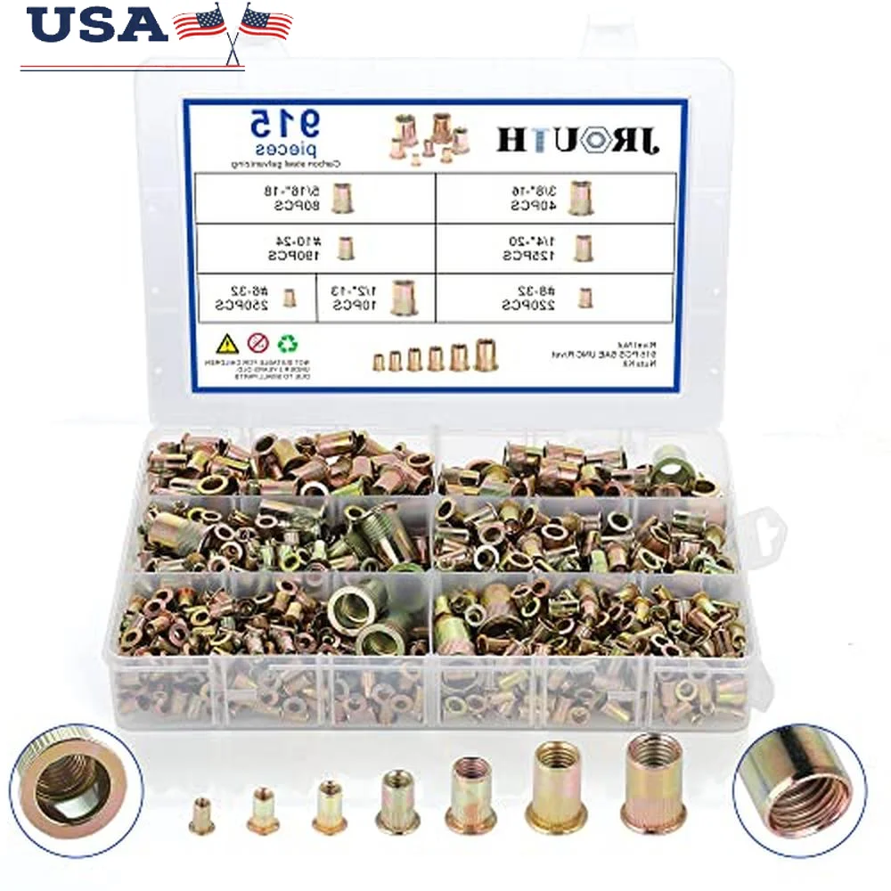 915 قطعة طقم جوز برشام من الفولاذ الكربوني المطلي بالزنك SAE UNC تشكيلة 6 # -32 8 # -32 10 # -24 1/4"-20 5/16"-18 3/8"-16 1/2"-13 متين