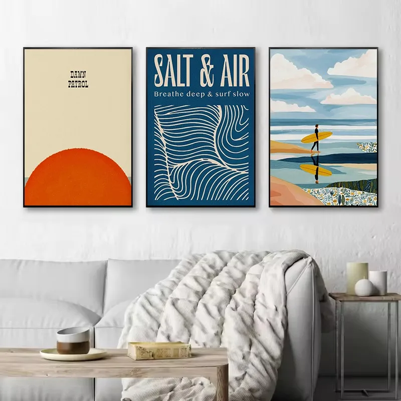 Retro Minimalist Surfing Beach Surfer Salt&Air Ocean Wave Coastal Summer Poster,Canvas Painting,Wall Art Pictures Home Decor
