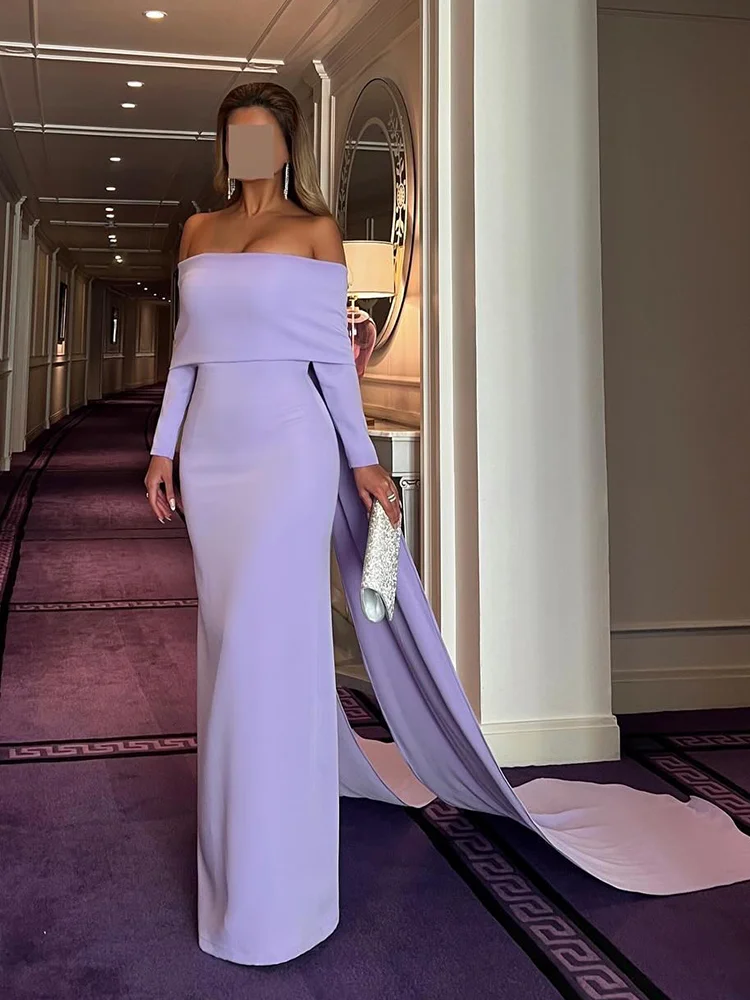 op maat gemaakte Saoedi-paarse zeemeermin avondjurk dames off-shoulder lange mouw feestjurk Arabische jurken voor speciale gelegenheden