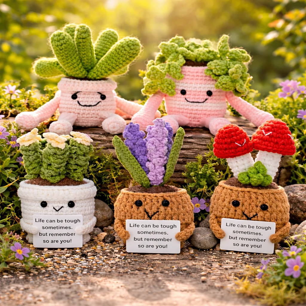 PlantSeries Positive Energy Handmade Knitted Cute Potted Plants, Mini Crochet Gift with Encouragement Card for Home Office Gift