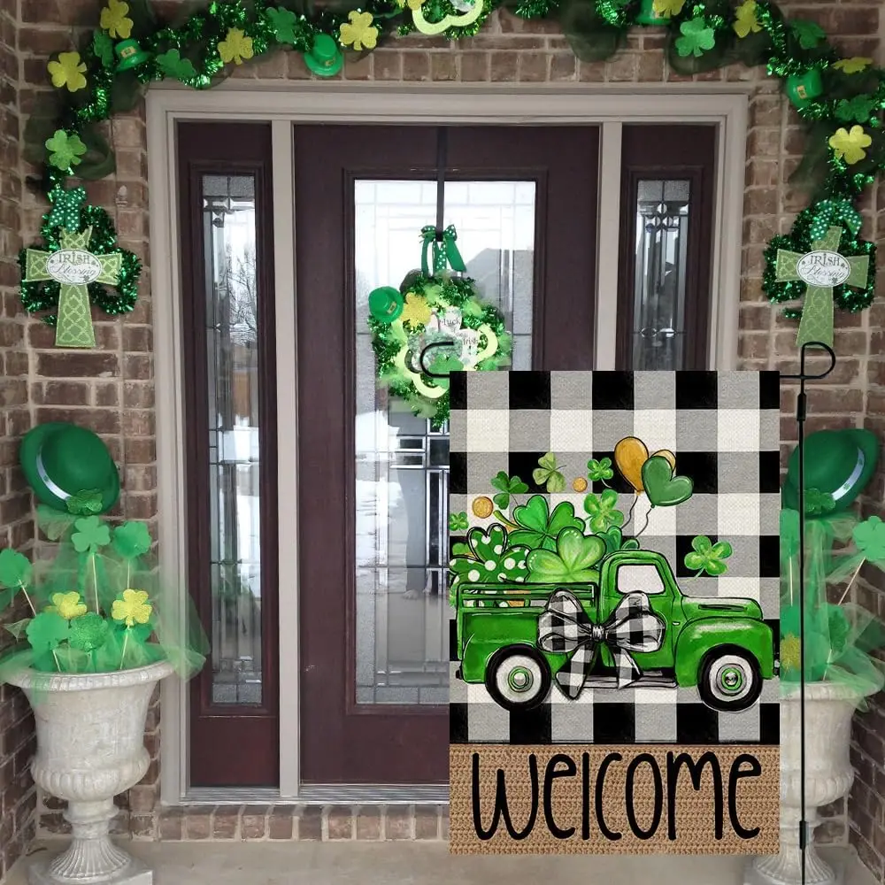 CROWNED BEAUTY St Patricks Day Shamrocks Truck Garden Flag 12x18 Inch Double Sided for Outside Small Burlap Buffalo Plaid We zzo