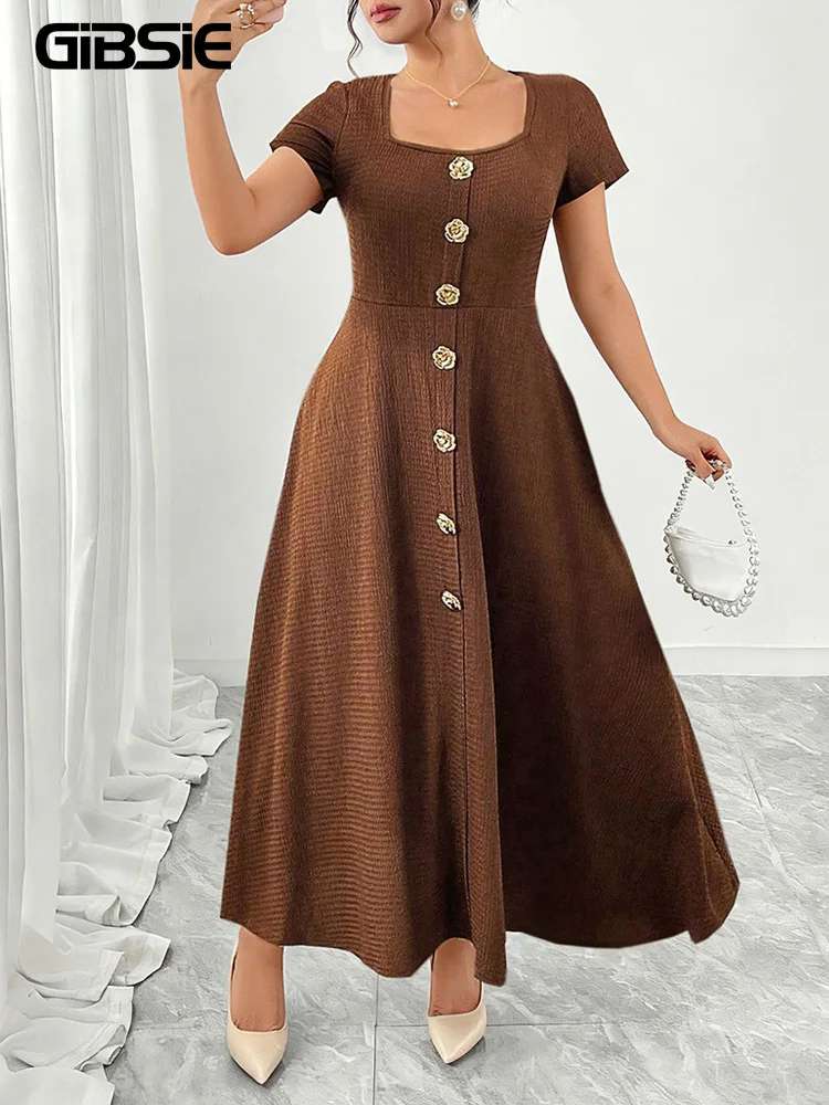 

Летнее платье GIBSIE больших размеров с квадратным воротником и золотыми пуговицами в виде цветов, женское элегантное платье с короткими рукавами, завышенной талией, А-силуэта, для отпуска, длинное