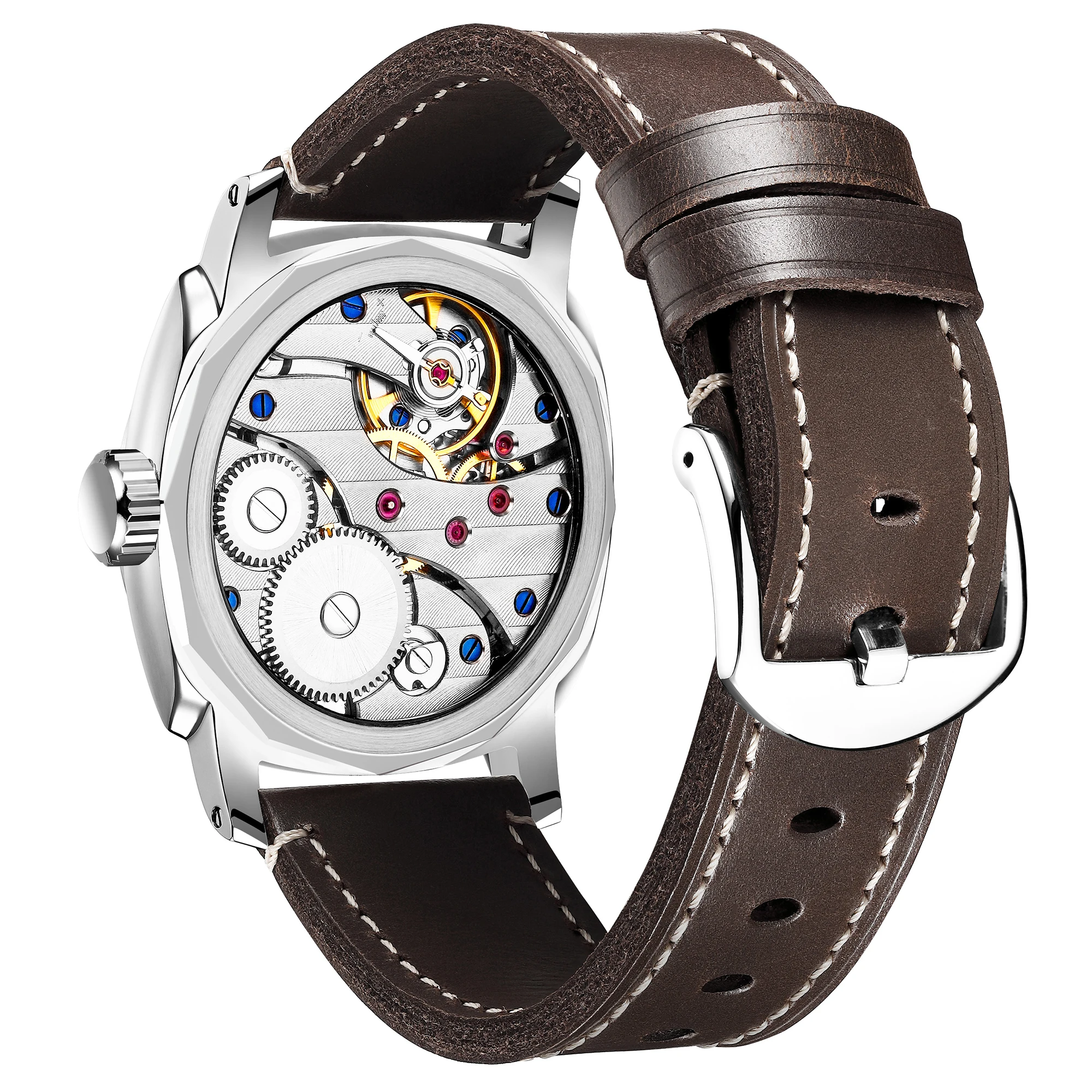 Men's Vintage Military Watches 44mm Cushion Case Hand Winding Mechanical Sapphire Bubble Crystal Leather Strap Retro Dress Style