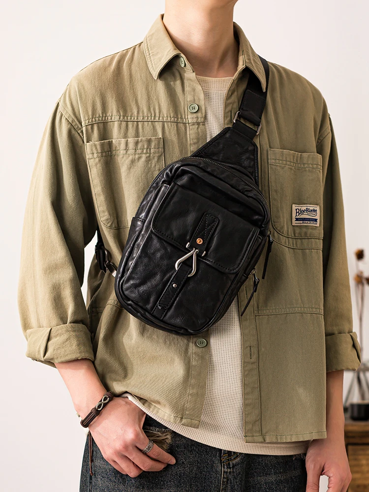 casual designer handmade first layer cowhide men's black chest bag fashion luxury genuine leather teens sport crossbody bag
