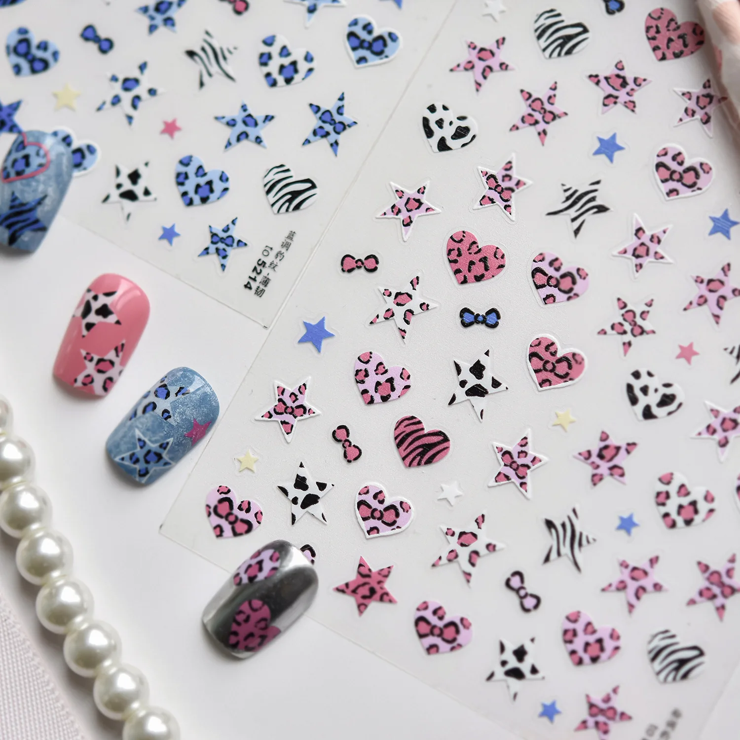 Blu e rosa a forma di stella cuore modello animale leopardo mucca zebra stampa adesivi per unghie di alta qualità decorazioni artistiche design T-5213