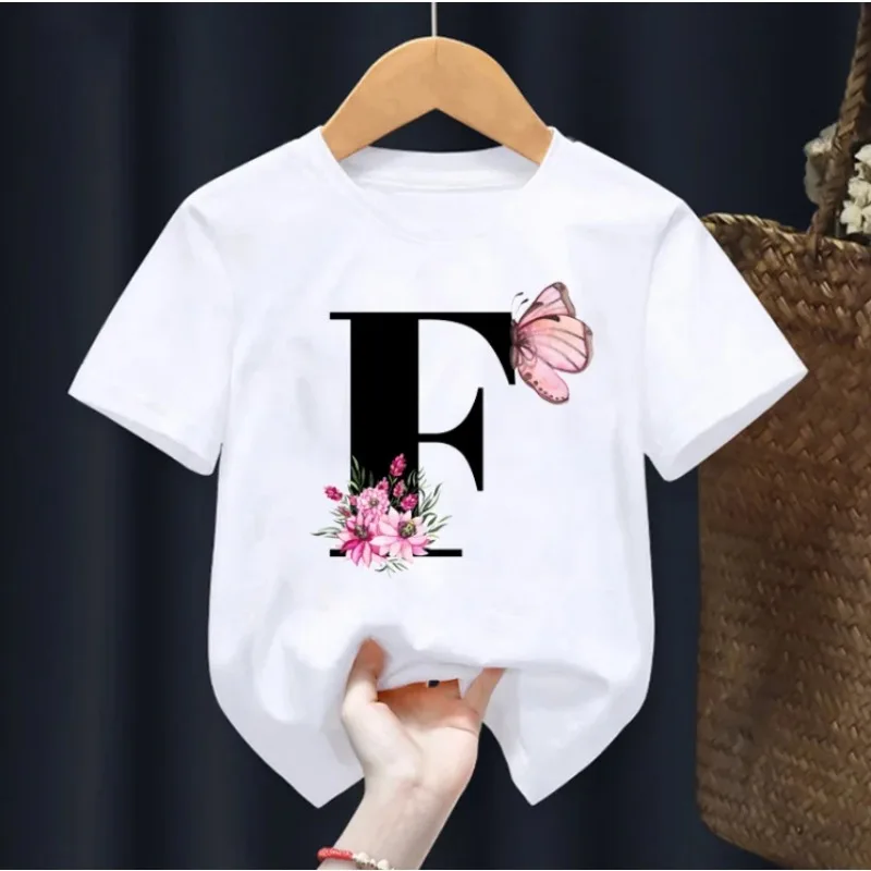 T-shirt imprimé lettres roses et papillons pour fille, vêtement décontracté, à la mode, nouvelle collection