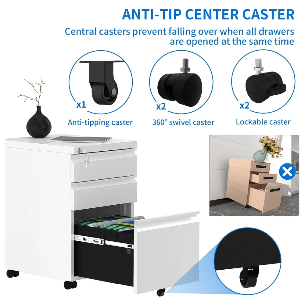 Lockable 3-Drawer Rolling File Cabinet on Wheels Portable Steel Storage A4 Letter Legal Documents Office Use