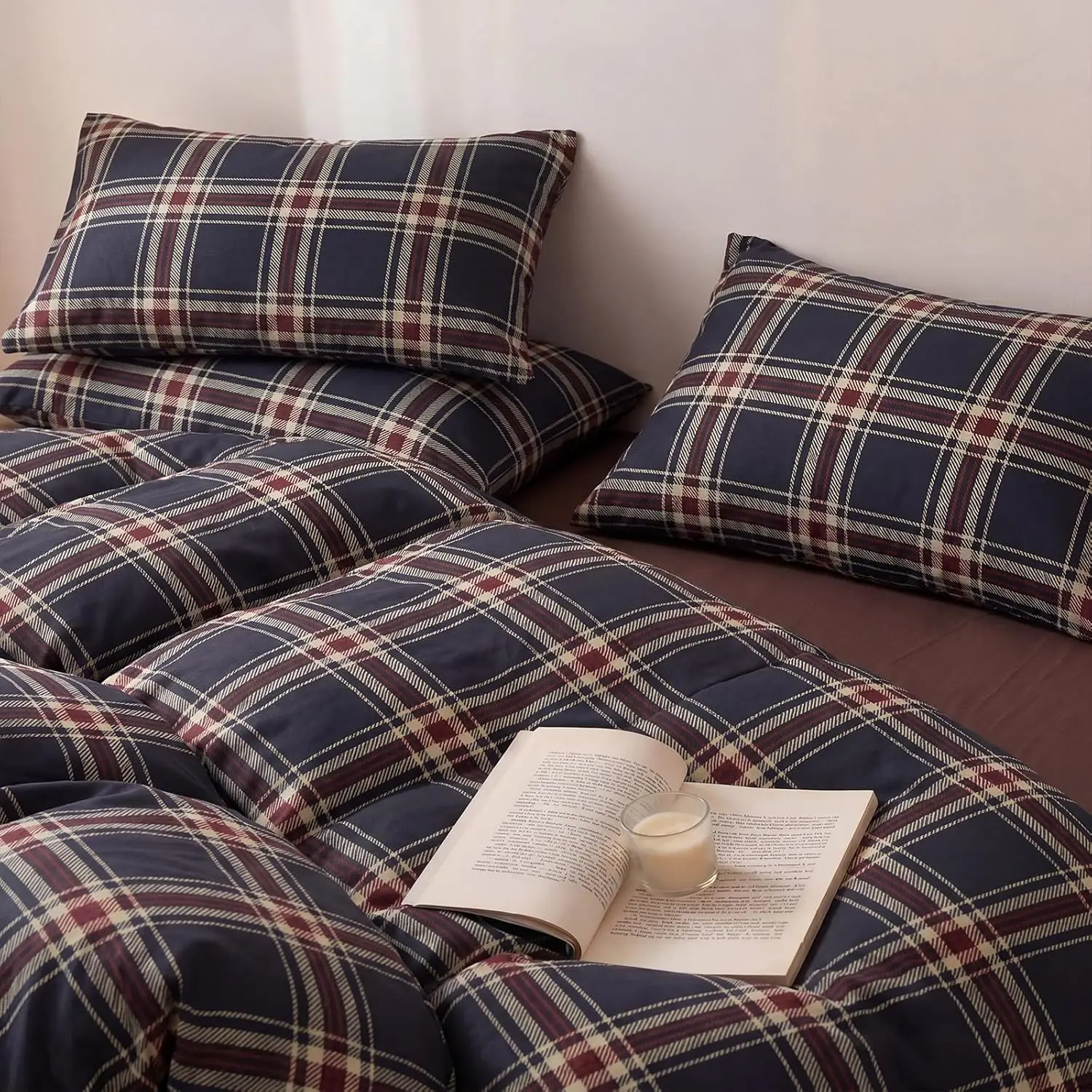 100% Cotton Plaid Duvet Cover Set Queen/King Size – Red Navy Vintage Tartan Bedding Set with Zipper Closure, 3 Pcs Breathable and Soft Gingham Duvet Cover for All Seasons
