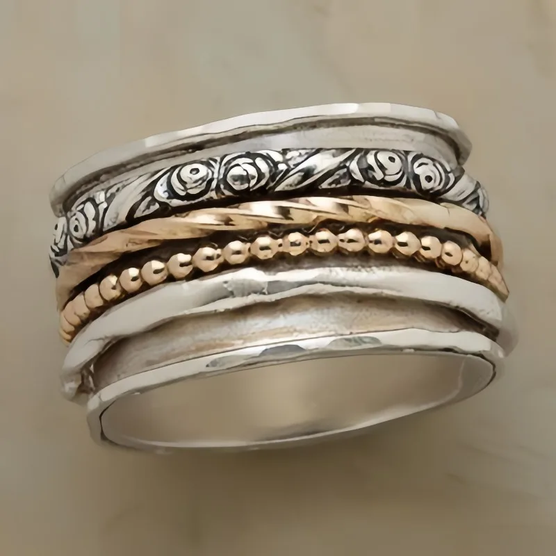 Vintage handgeschnitzter geometrischer Damenring aus zweifarbigem Metall, geometrischer Ring für den täglichen Gebrauch, Party-Schmuck, Jubiläumsgeschenk
