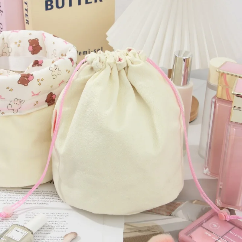 Korean Ins Style Striped Stationery Storage Basket Kawaii Cartoon Large Capacity Makeup Organizer for Desk Portable Pencil Pouch