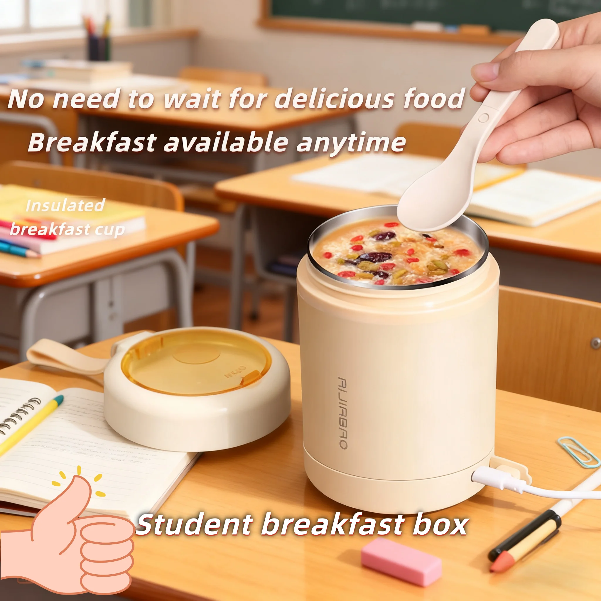 304 stainless steel USB constant temperature breakfast cup portable soup cup student dormitory long-lasting heat preservation