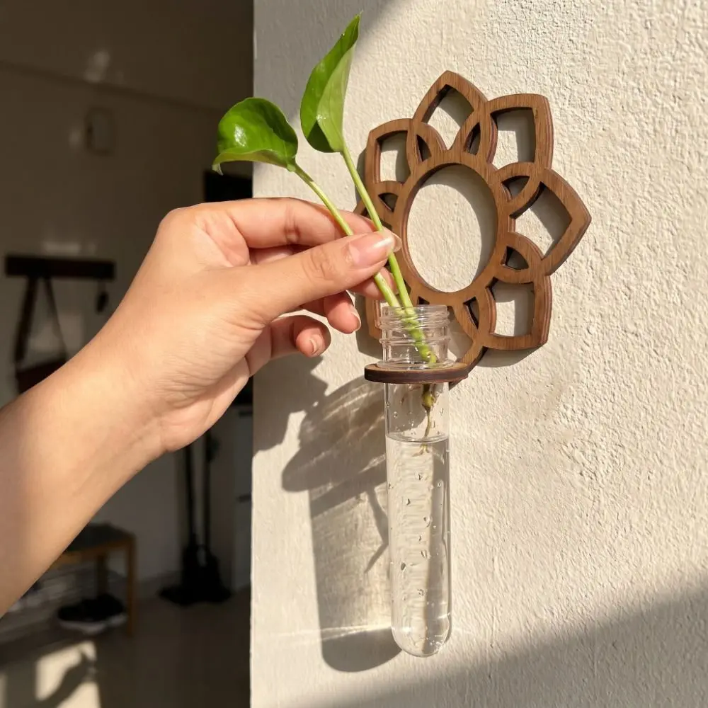Wooden Hydroponic Plant Rack Flower Shaped Hollowed-out Wall Mounted Planter Plastic Tubes Wall Hanging Plant Holder Hydroponics