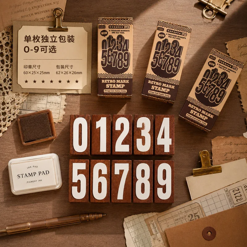 0‑9 Wooden Number Stamp, Retro Color DIY Alphabet Number Seal for Scrapbooking Journal Planner Card Making Handmade Craft