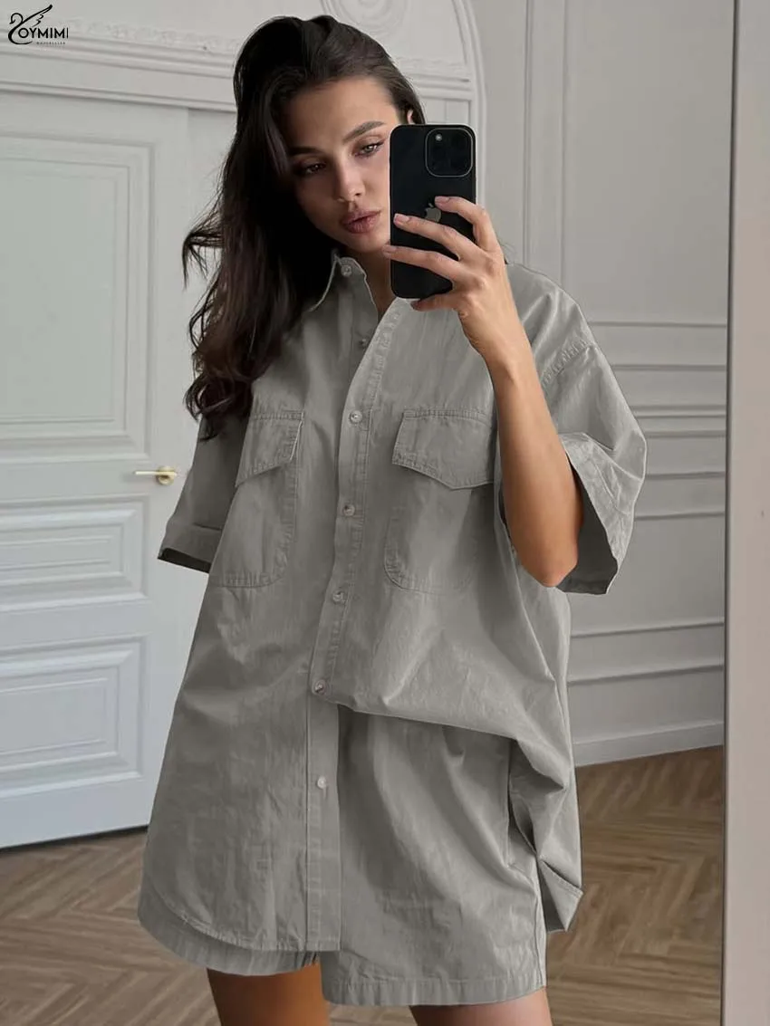 

Oymimi Elegant Grey Cotton Women's Two Pieces Set Fashion Half Sleeve Button Pockets Shirts And High Waist Simple Shorts Sets