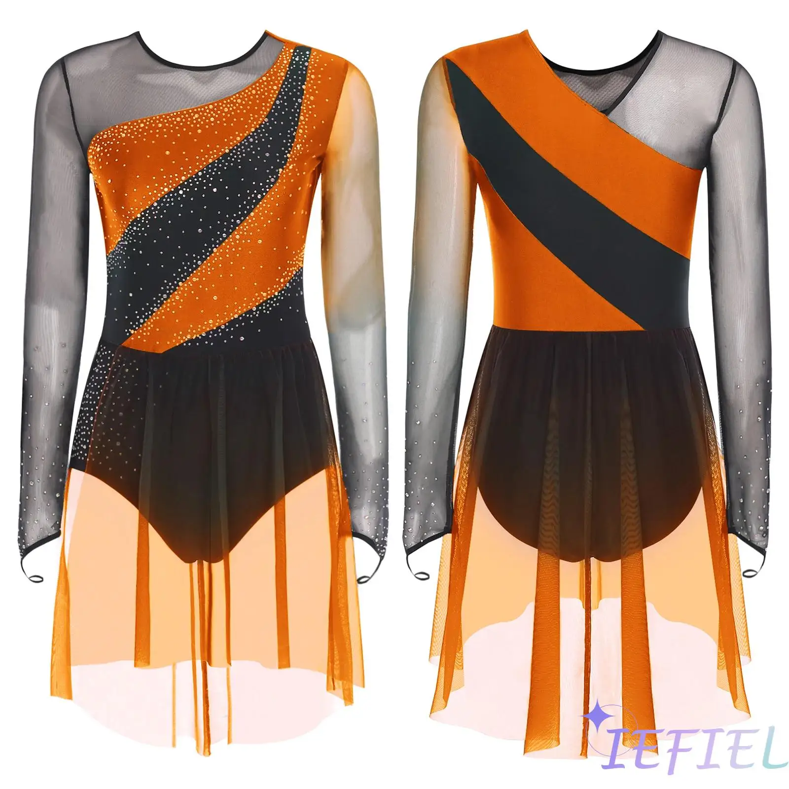 

Womens Shiny Lyrical Dance Leotard Dress Contrast Color Rhinestones Gradient Mesh Skirt for Figure Skating Gymnastics Dancewear