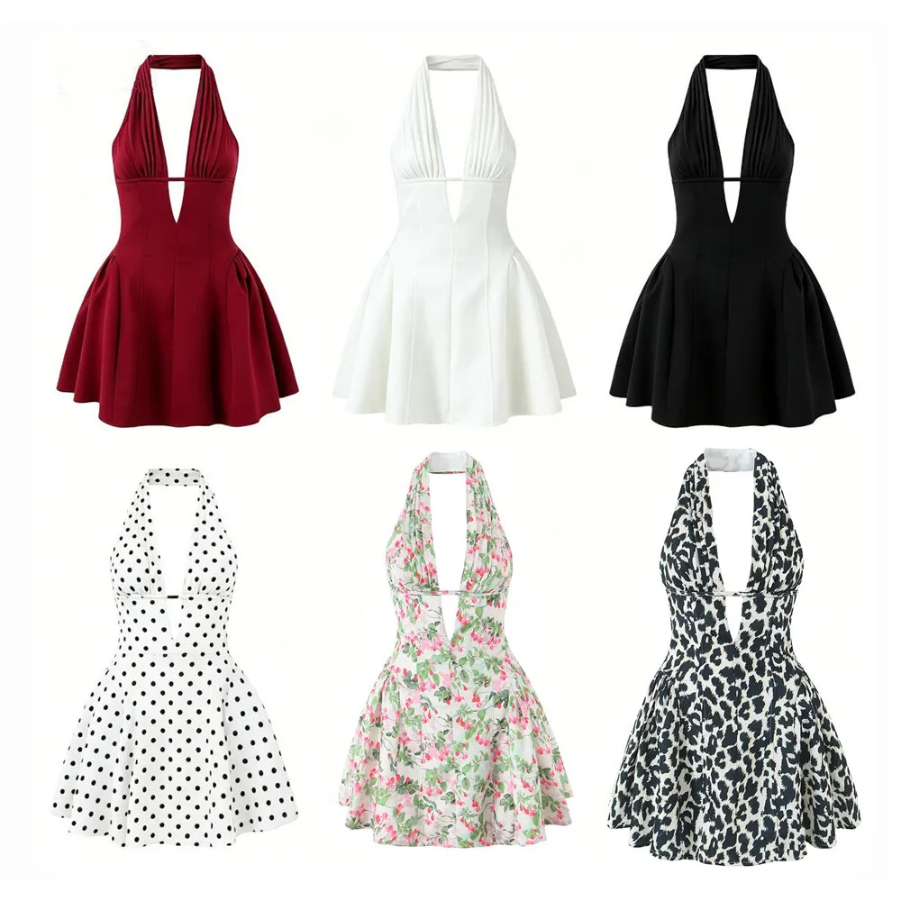 

Sexy Floral Leaves Print Pleated Ruched Halter Dress Women Deep V neck Slim Low Waist Swing Ball Gown Backless Mini Dresses Robe