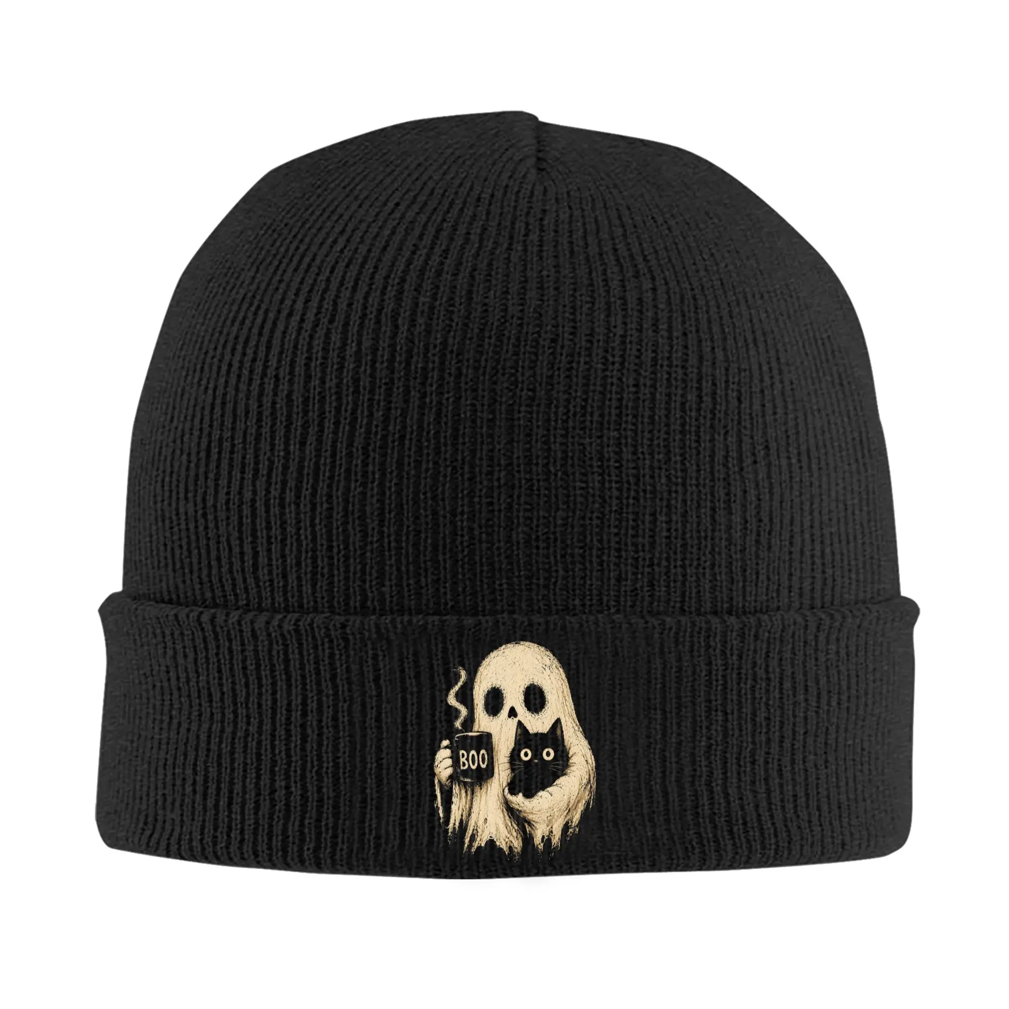 Men Women Boo Ghost Cat Holding Coffee Funny Halloween Beanie Hats  Street Y2K Knitted Hat Spring Gym Caps Thermal Bonnet Hats