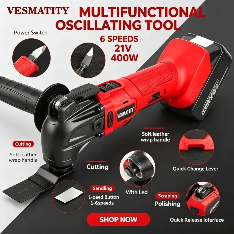 Electric Oscillating Multi Function Tool Cordless Vibration Trimmer 6 Gear Cutting Sanding Trimming Sawing For Milwaukee Battery