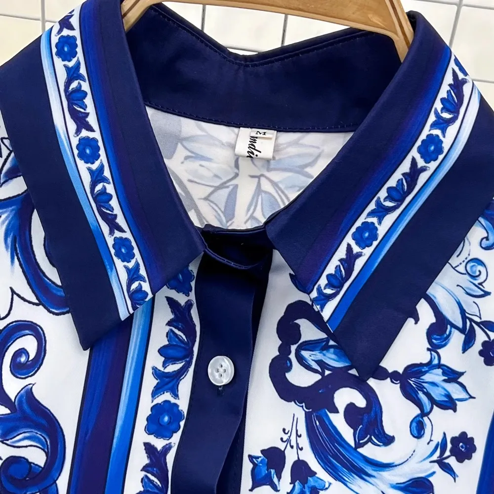 Runway Blue And White Porcelain Set Women\'s Lapel Long Sleeve Print Blouse Shirts And High Waist Cropped Pants Trousers Suit