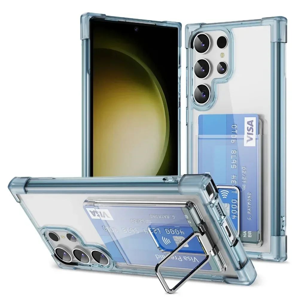 

Clear Cover with Card Slot Holder For Samsung Galaxy S24 S23 S22 S21 Plus S25 Ultra Kicstand Transparent Protective Phone Case