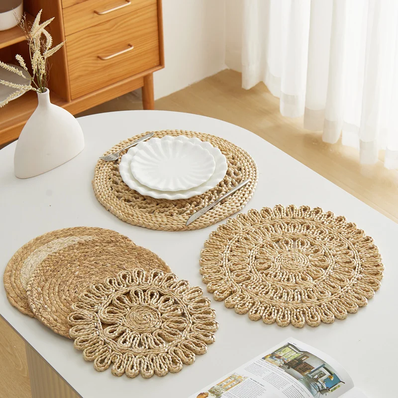 1pcs Boho Round Woven Placemats Braided Heat Resistant Non-Slip Weave Water Hyacinth Table Mats  for Dining Table