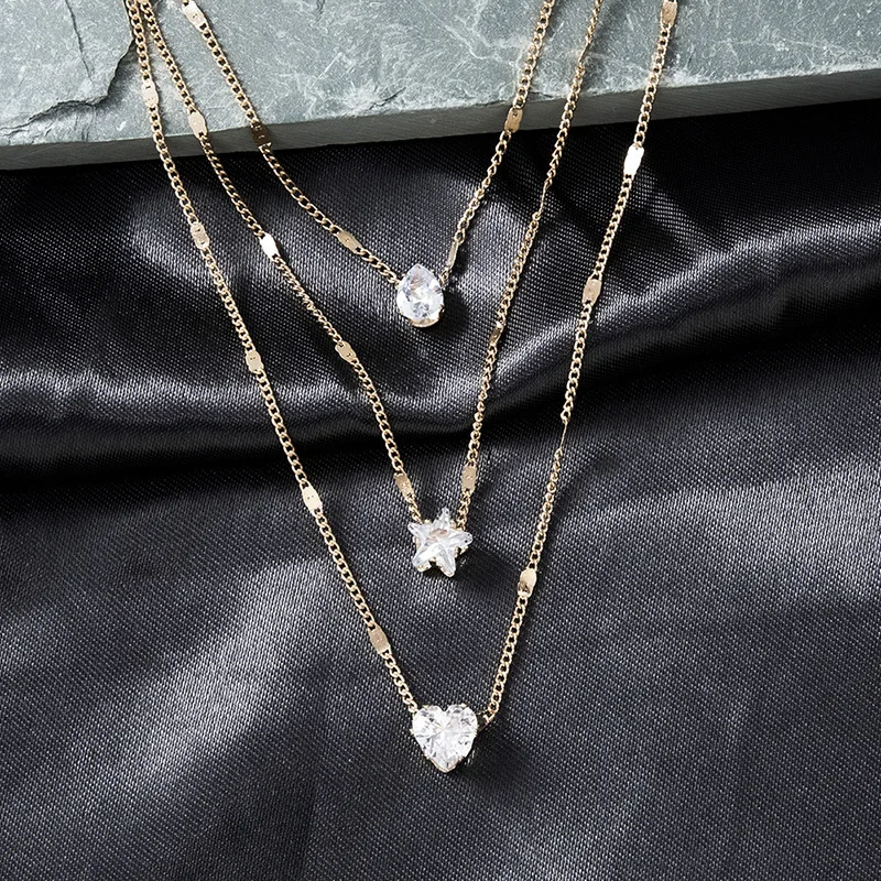 Elegant 3 Layer Artificial CZ Choker Necklace Teardrop Star Heart Pendants Thin Gold Chain Women Evening Party Jewelry