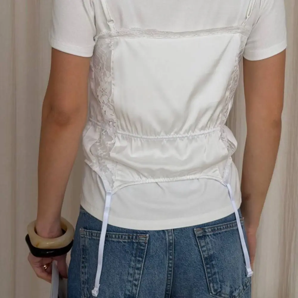 Satin Paneled Lace Short Sleeve Drawstring Waist Round Neck Two-in-One T-Shirt Short Sleeve Casual Fashion Short Sleeve Tee