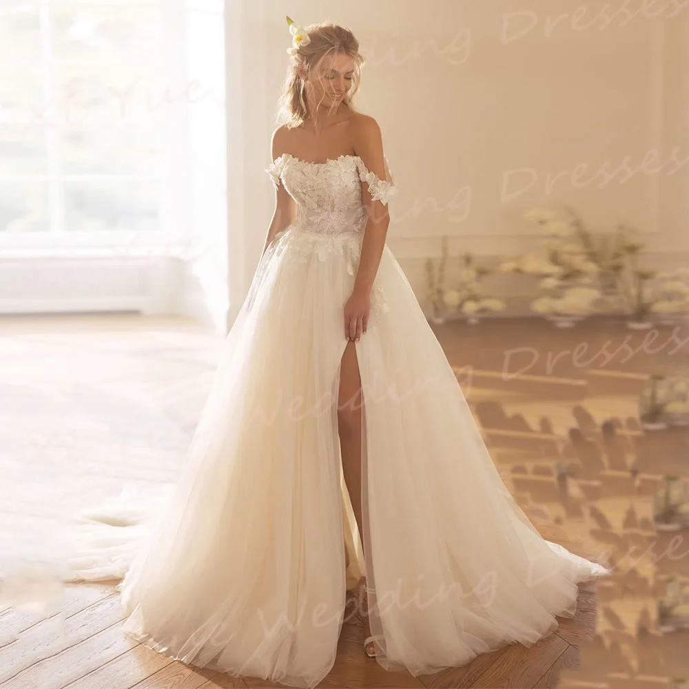 Affascinante una linea abiti da sposa da donna eleganti Appliques abiti da sposa in pizzo piuttosto fuori dalla spalla con spacco laterale Vestido De Noivas