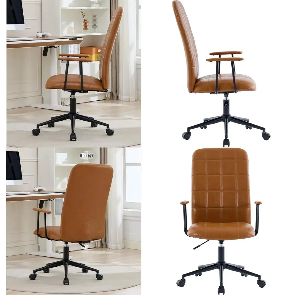 

Кожаное офисное кресло коричневого цвета с высокой спинкой, подлокотниками, поворотным механизмом, регулировкой высоты сиденья и мягким наполнителем из пеноматериала