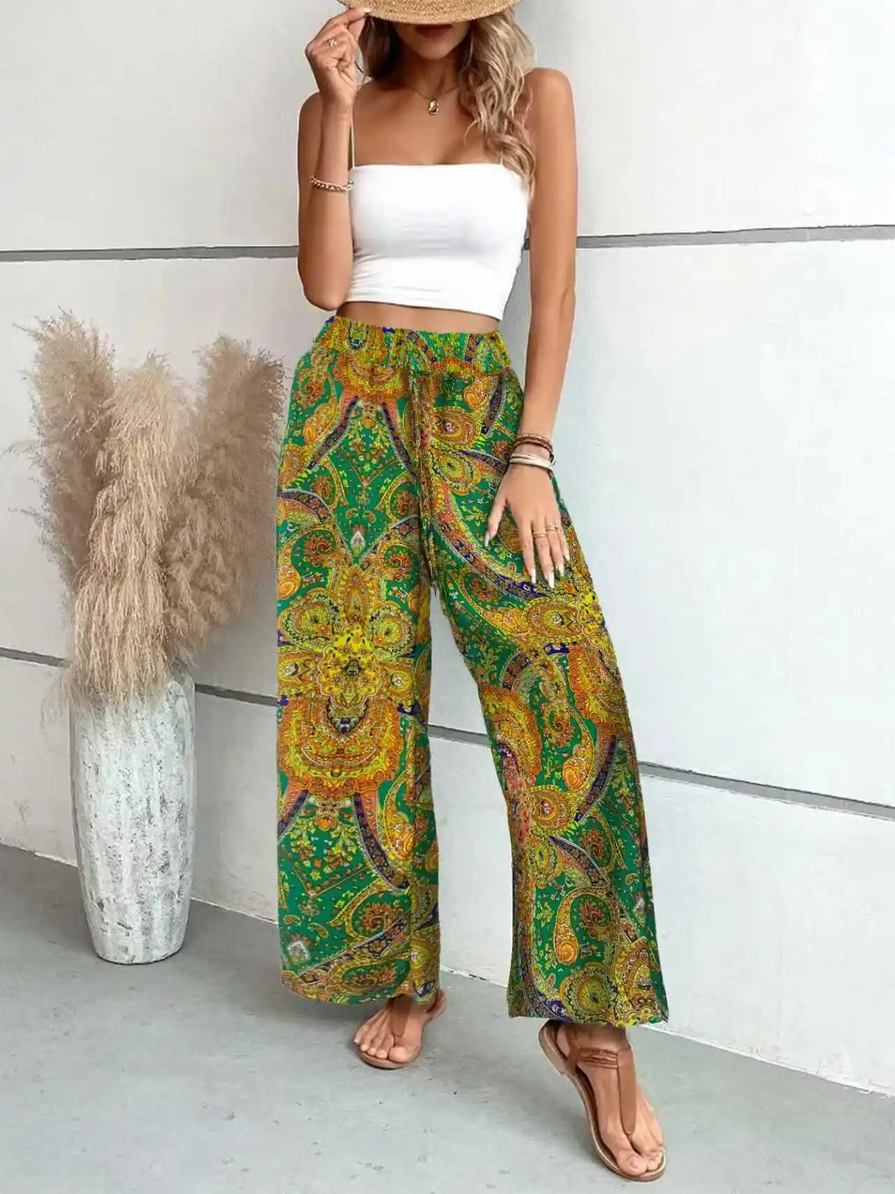 Summer Printing Wide Leg Pants for Women Straight Trouser New Fashion Elastic Waist Versatile Breathable Grace Ladies Streetwear