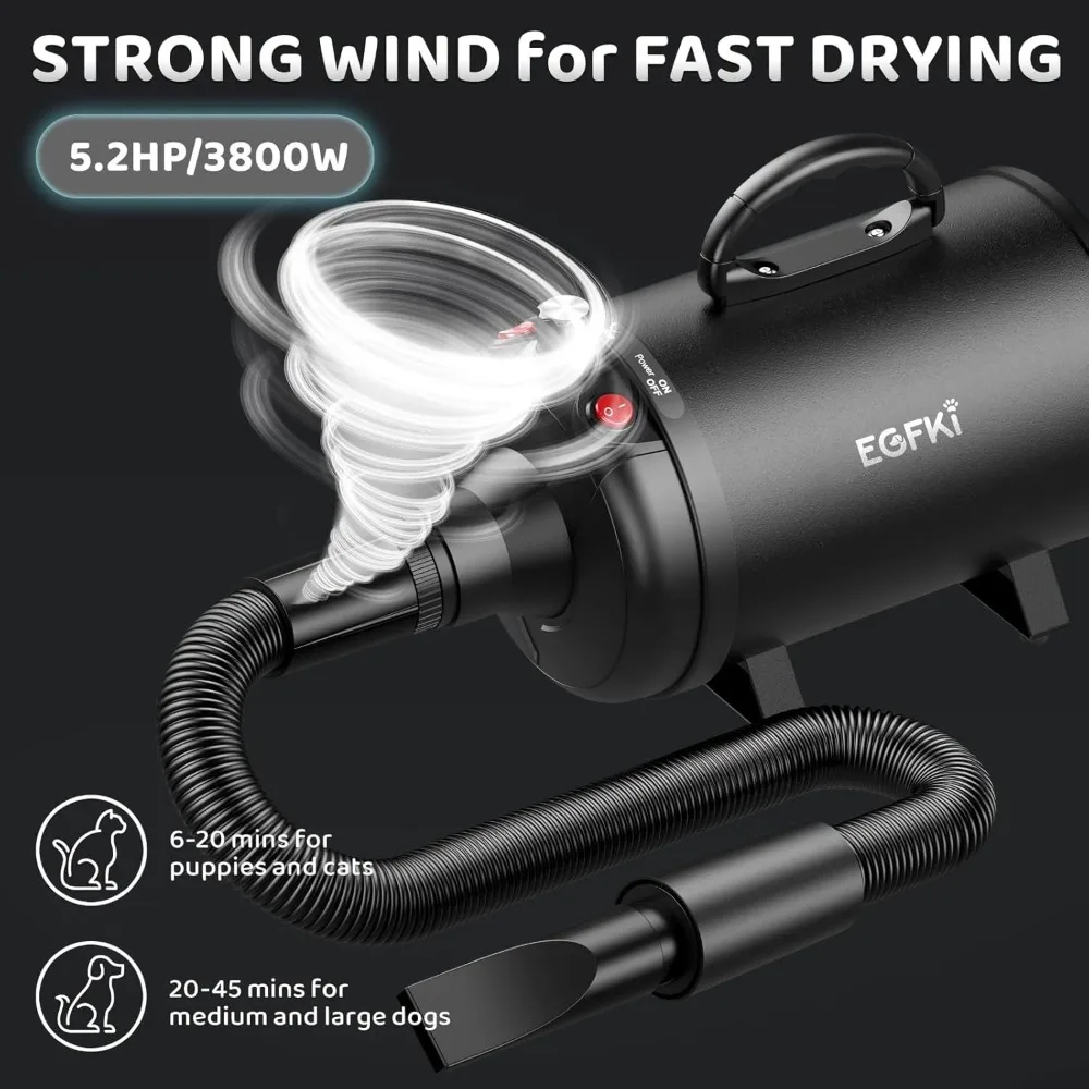 

Dog-Hair-Dryer, 5.2HP/ 3800W High Velocity for Grooming, Speed Temperature Adjustable Dog Blower Grooming Dryer with 4 Nozzles