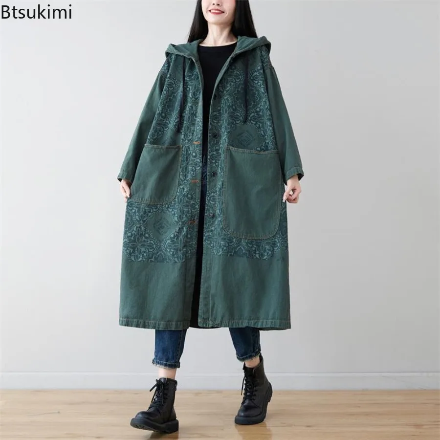 2025 Autumn New Women's Korean Fashion Trench Coats Loose Casual Vintage Print Hooded Cardigan Jacket Ladies Harajuku Streetwear