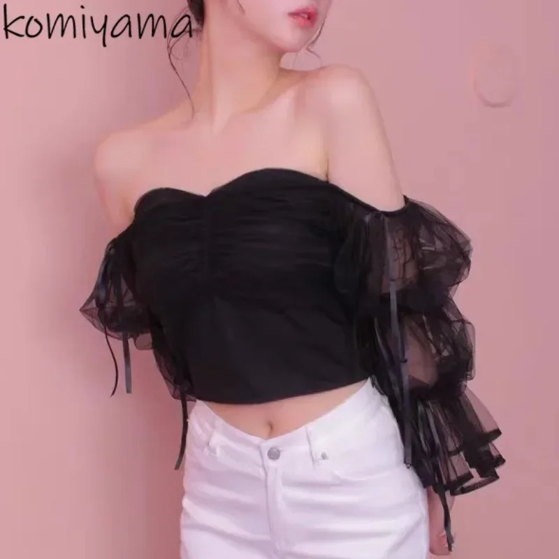 Off Shoulder Long Sleeve Blusas Lace-up Bow Shirts & Blouses Slash Neck Camisas Japanese Ropa Mujer Spring Summer 2024 Tops