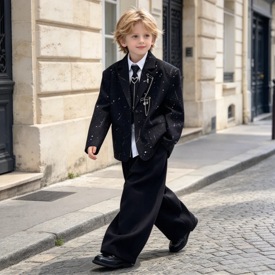Kids Boys Suit Set Black Sequin Blazer Wide Leg Pants Children Wedding Flower Boy Performance Formal Outfit Spring Fall 2-14Y