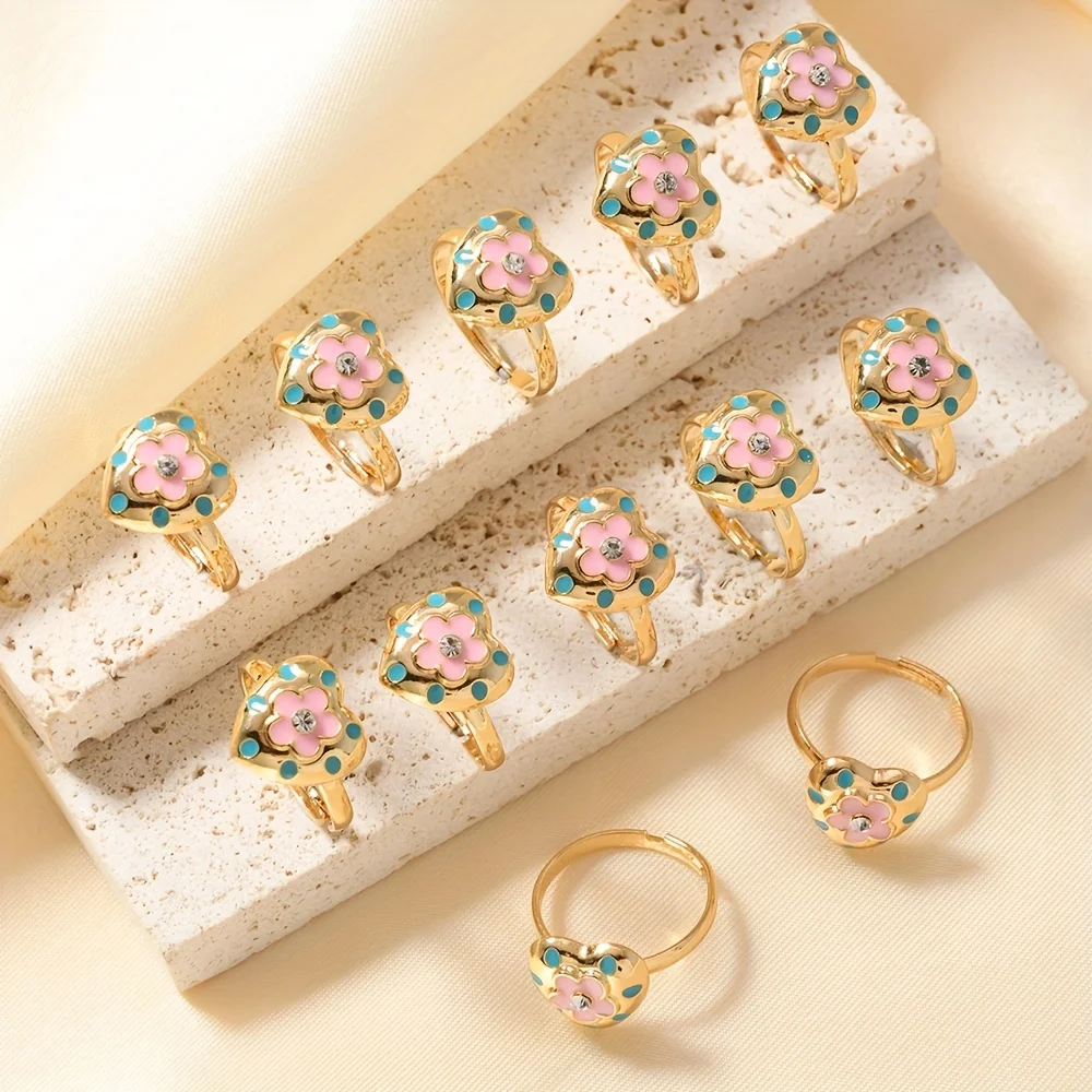 12-Piece Set of Adjustable Open Rings, Heart-Shaped Pink Flower Blue Dot Enamel Rhinestone Kc Gold-Plated Rings, Children's Daily Decoration and Fashion Jewelry, Birthday Party Gift Set