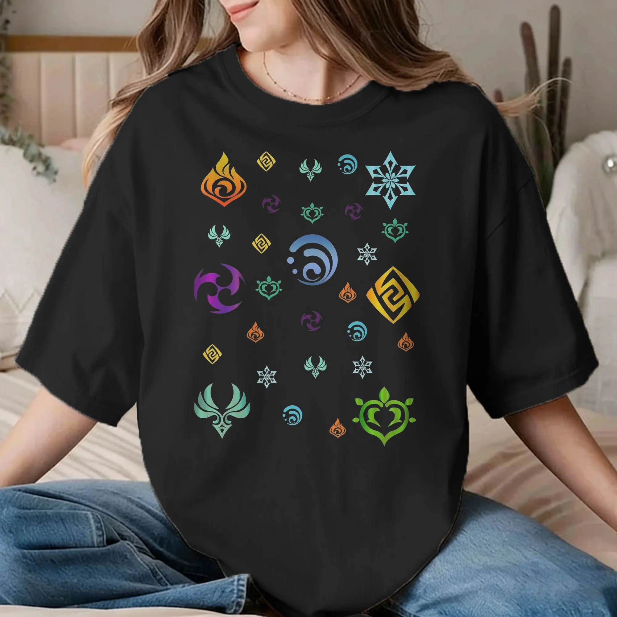 Vintage Genshin Impact Cartoon T-Shirts for Men Women Round Neck 100% Cotton T Shirts Gaming Element Tee Shirt Gift Idea Tops