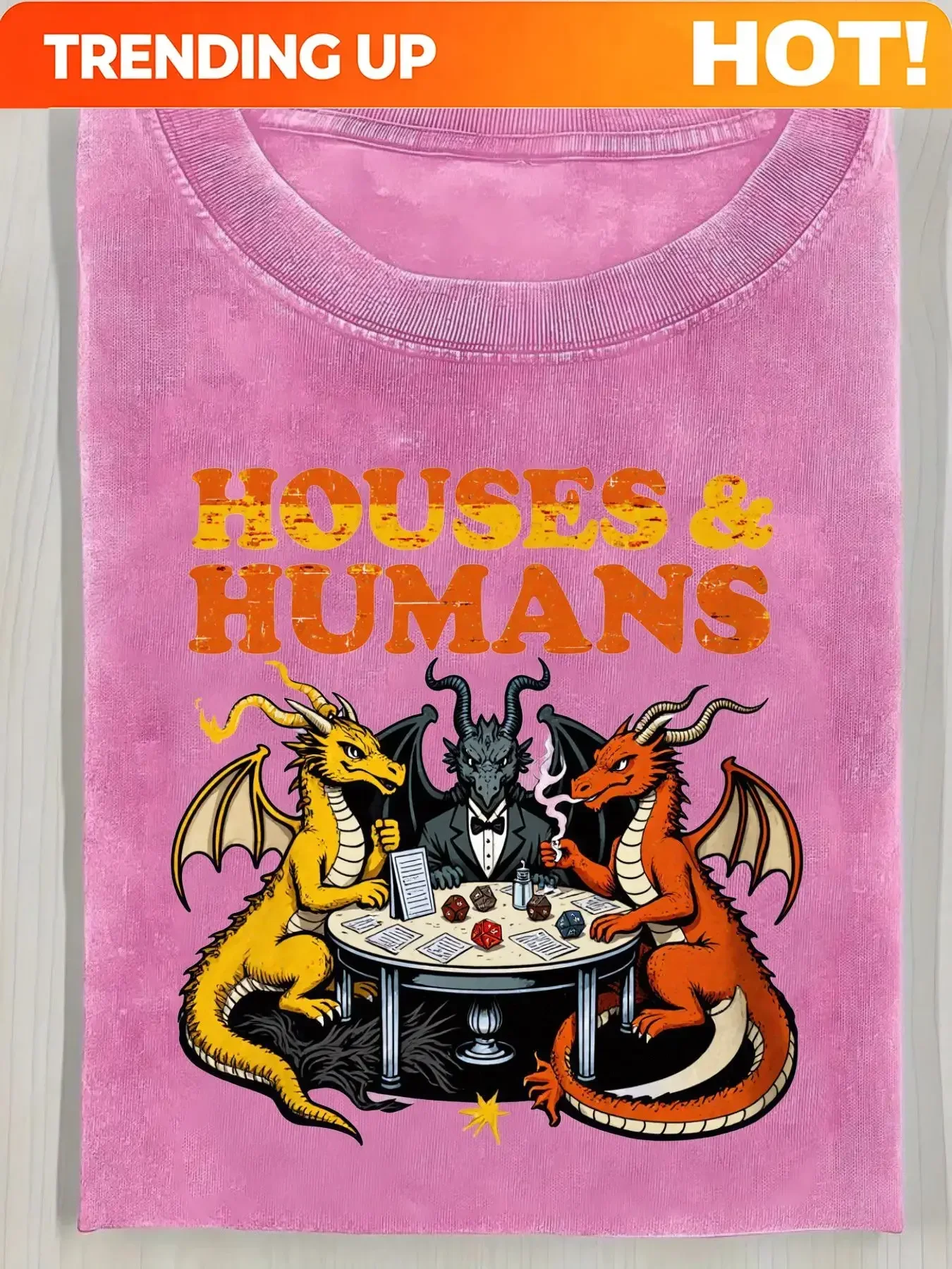 Customization 230G Laundered T-Shirt In Vintage Style Featuring 'HOUSES & HUMANS' Graphic - T-Shirt Depicting Three Dragons Enga