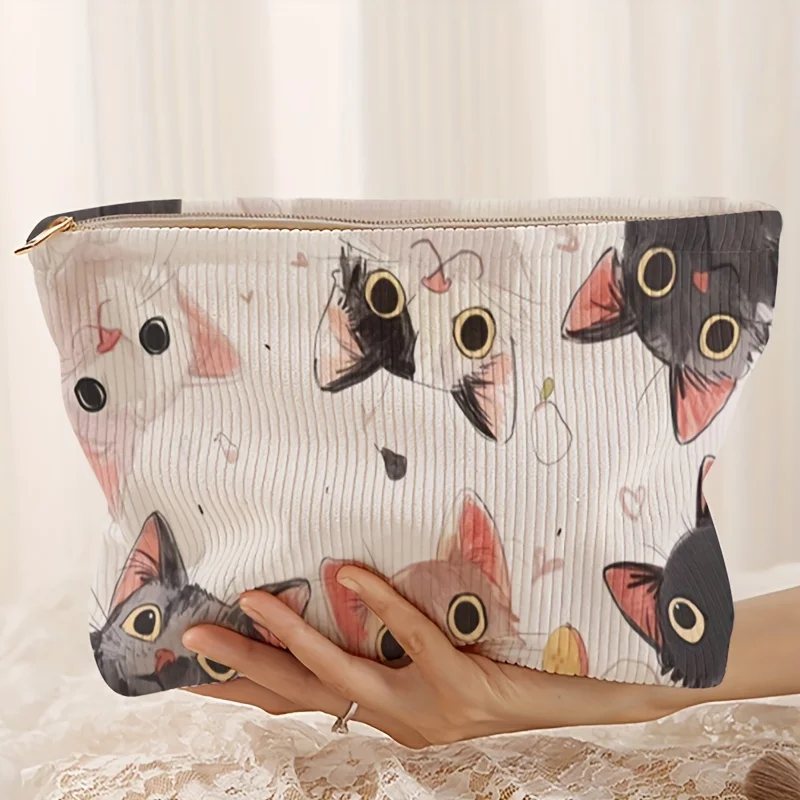 Corduroy Makeup Bag with a Cute Kitten Pattern Lightweight Zippered Pouch, Versatile for Organizing Makeup Toiletries Additions