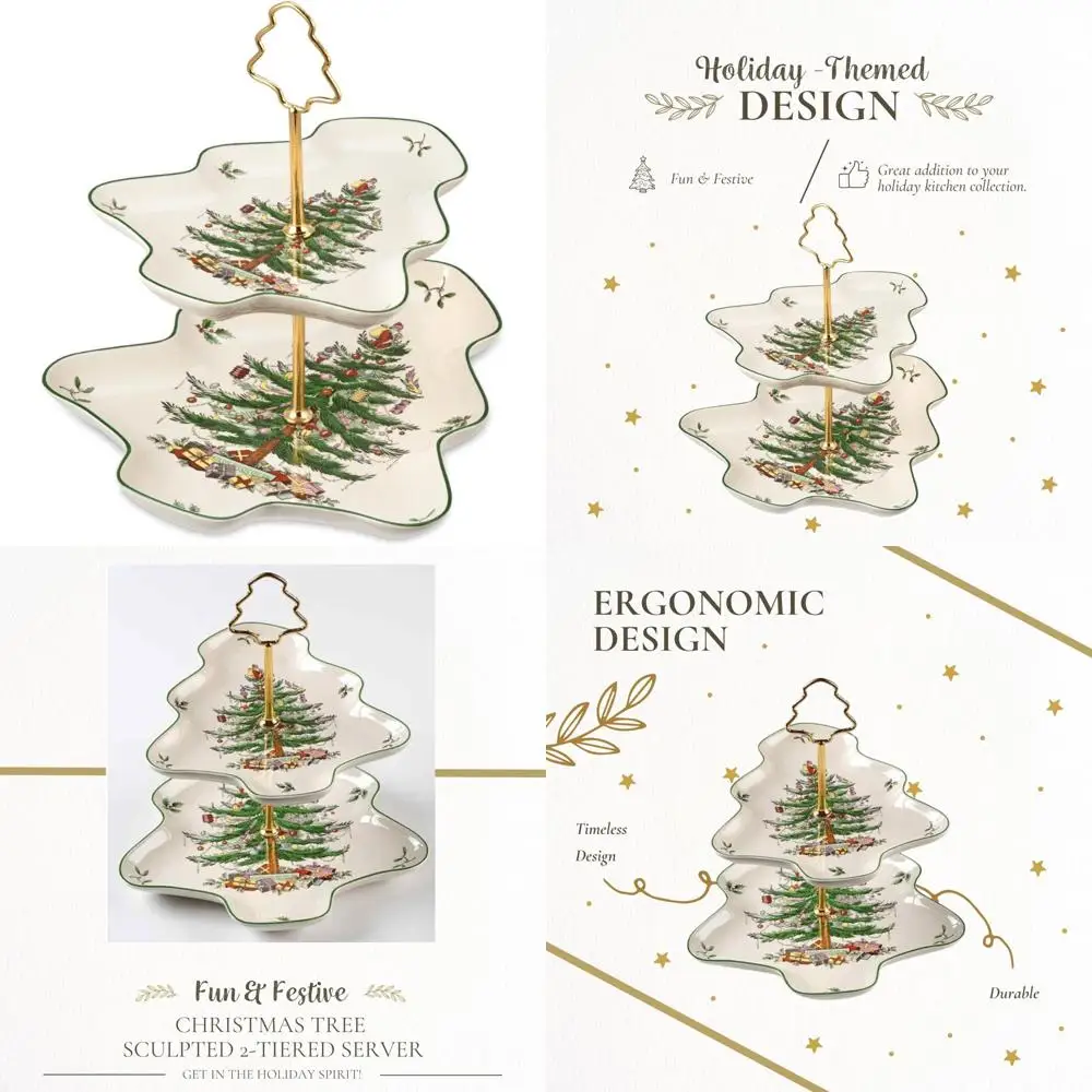 

Spode Christmas Tree Two-Level Cupcake Holder, Holiday Dessert Presentation Set, Porcelain Serving Tray, 10 Capacity