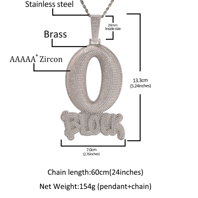 Hip Hop 5A+ CZ Stone Bling Iced Out O BLOCK Letter Pendants Necklace for Women Men Rapper Jewelry Silver Color